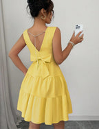 Women's Butter Yellow Fit-and-Flare Mini Dress with Tiered Skirt