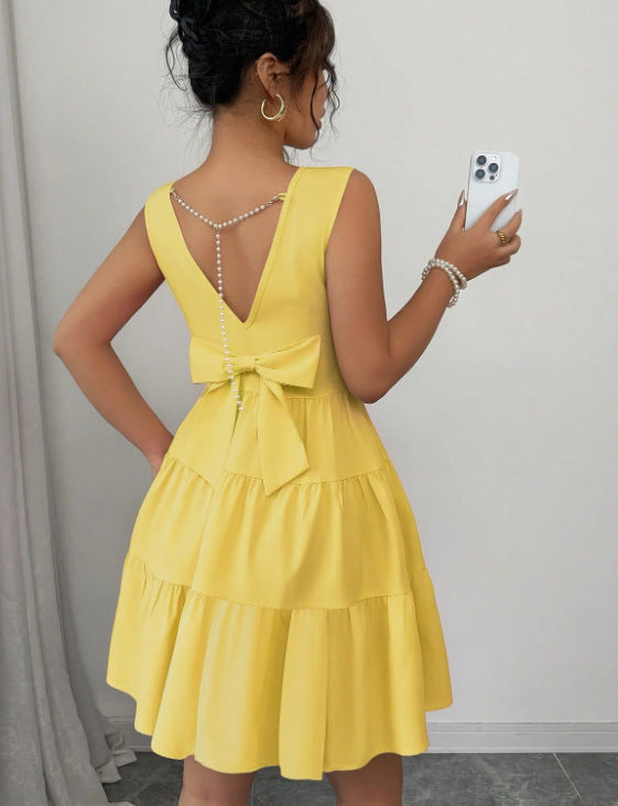 Women's Butter Yellow Fit-and-Flare Mini Dress with Tiered Skirt