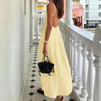 Women's Butter Yellow Cotton Maxi Dress with V-Neck and Spaghetti Straps