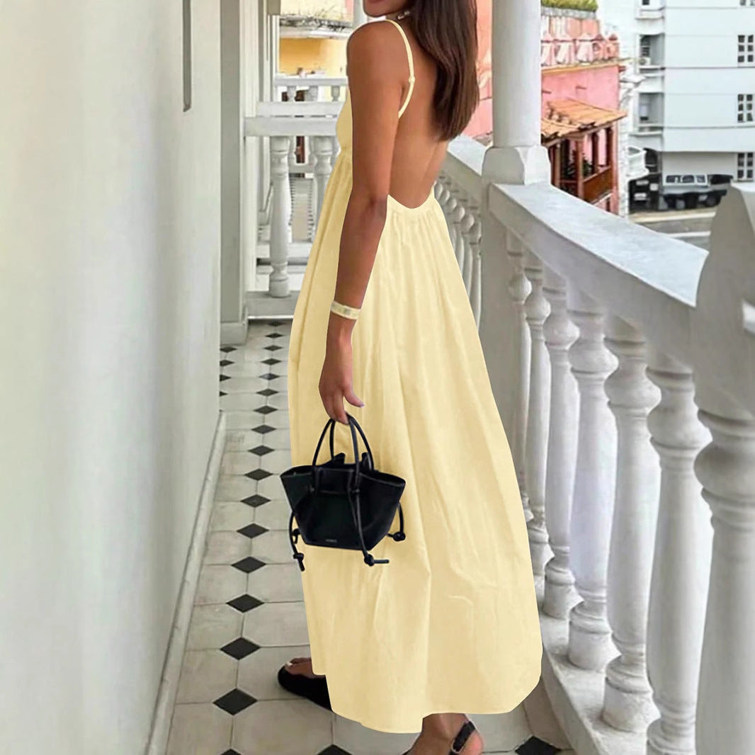 Women's Butter Yellow Cotton Maxi Dress with V-Neck and Spaghetti Straps