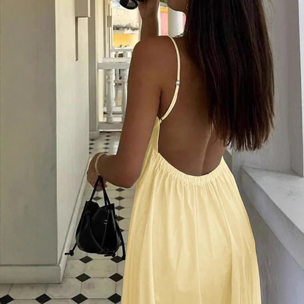Women's Butter Yellow Cotton Maxi Dress with V-Neck and Spaghetti Straps
