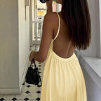 Women's Butter Yellow Cotton Maxi Dress with V-Neck and Spaghetti Straps