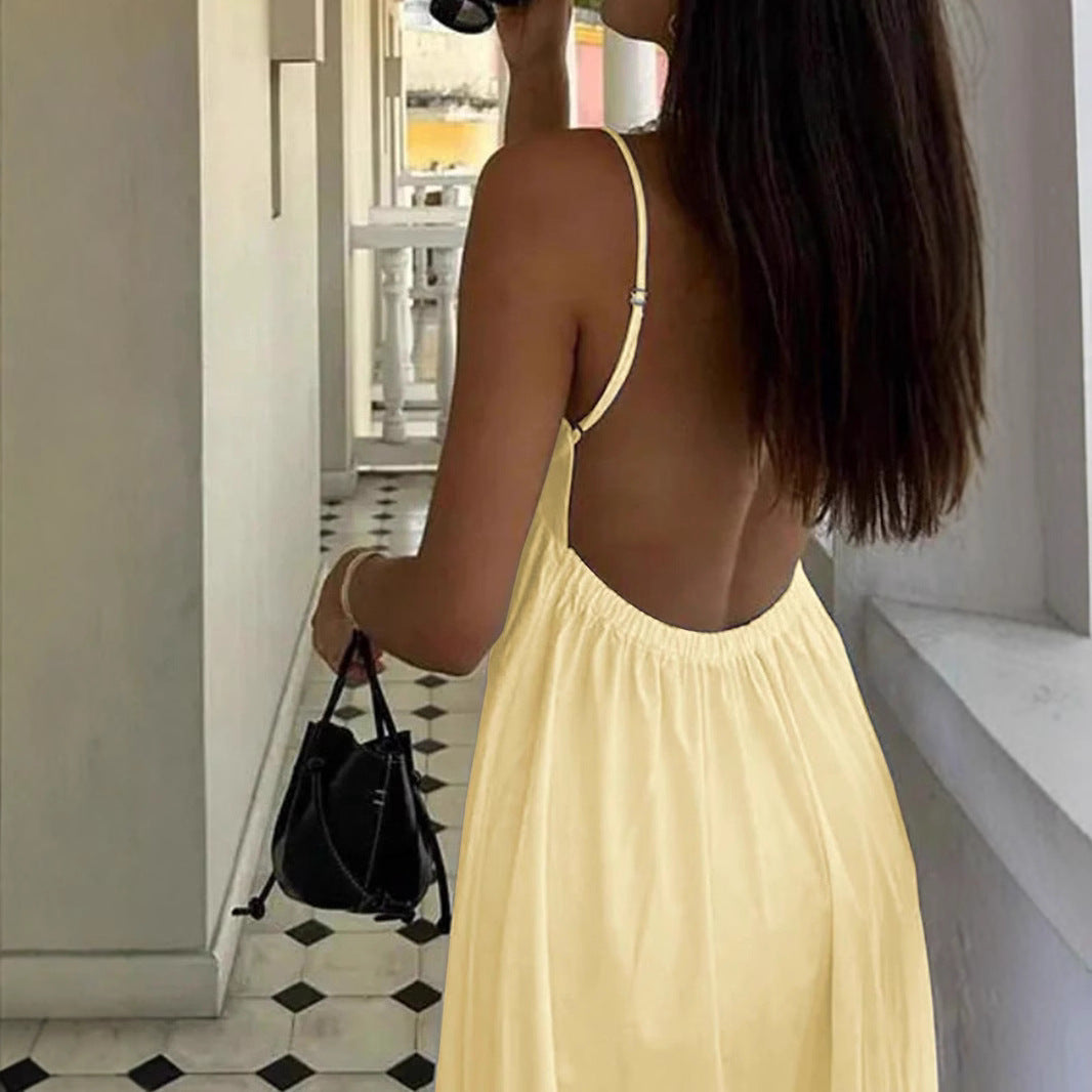 Women's Butter Yellow Cotton Maxi Dress with V-Neck and Spaghetti Straps