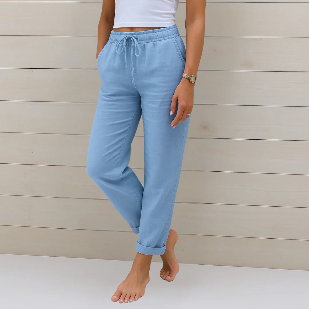 Women's Regular Fit Linen Pants with Drawstring Waist