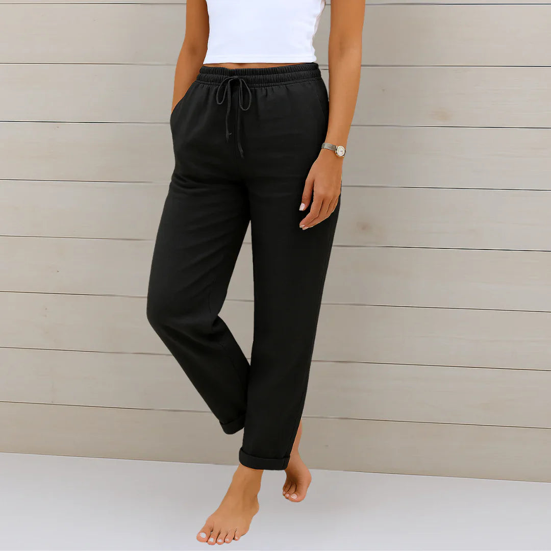 Women's Regular Fit Linen Pants with Drawstring Waist