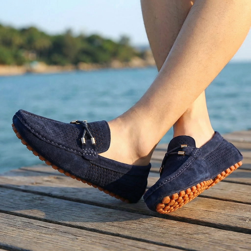 Men's Suede Driving Loafers with Perforated Slip-On Upper