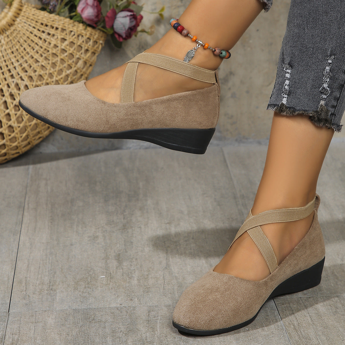 Women's Suede Wedge Shoes with Crisscross Straps