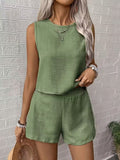 Women's Sleeveless Linen Shorts Set with Round Neck Top