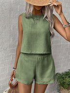 Women's Sleeveless Linen Shorts Set with Round Neck Top