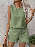 Women's Sleeveless Linen Shorts Set with Round Neck Top
