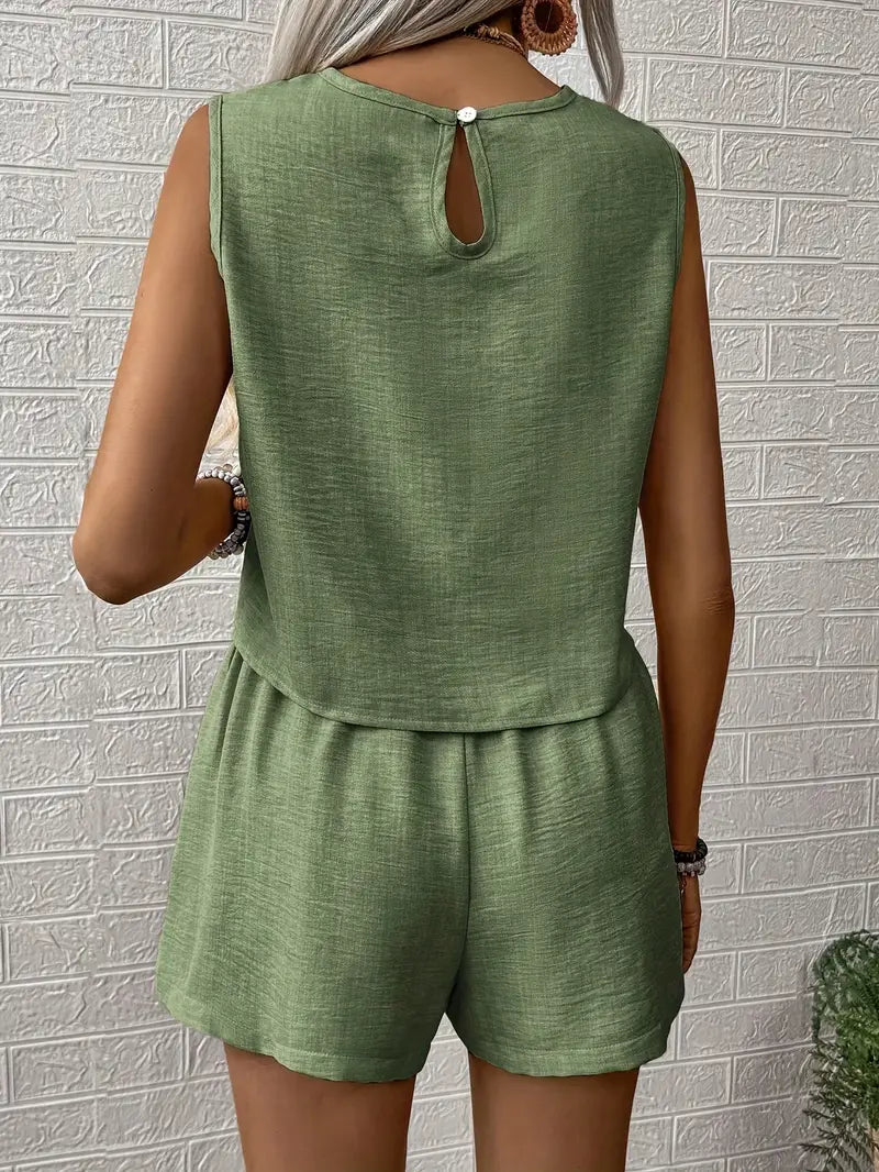 Women's Sleeveless Linen Shorts Set with Round Neck Top