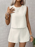 Women's Sleeveless Linen Shorts Set with Round Neck Top
