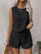 Women's Sleeveless Linen Shorts Set with Round Neck Top