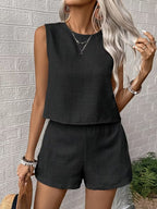 Women's Sleeveless Linen Shorts Set with Round Neck Top