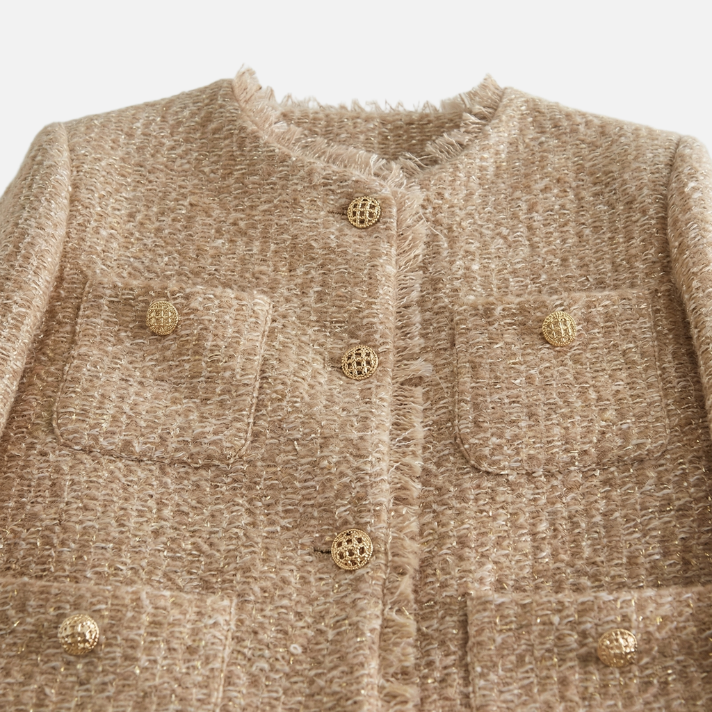 Women's Collarless Tweed Blazer with Frayed Trim