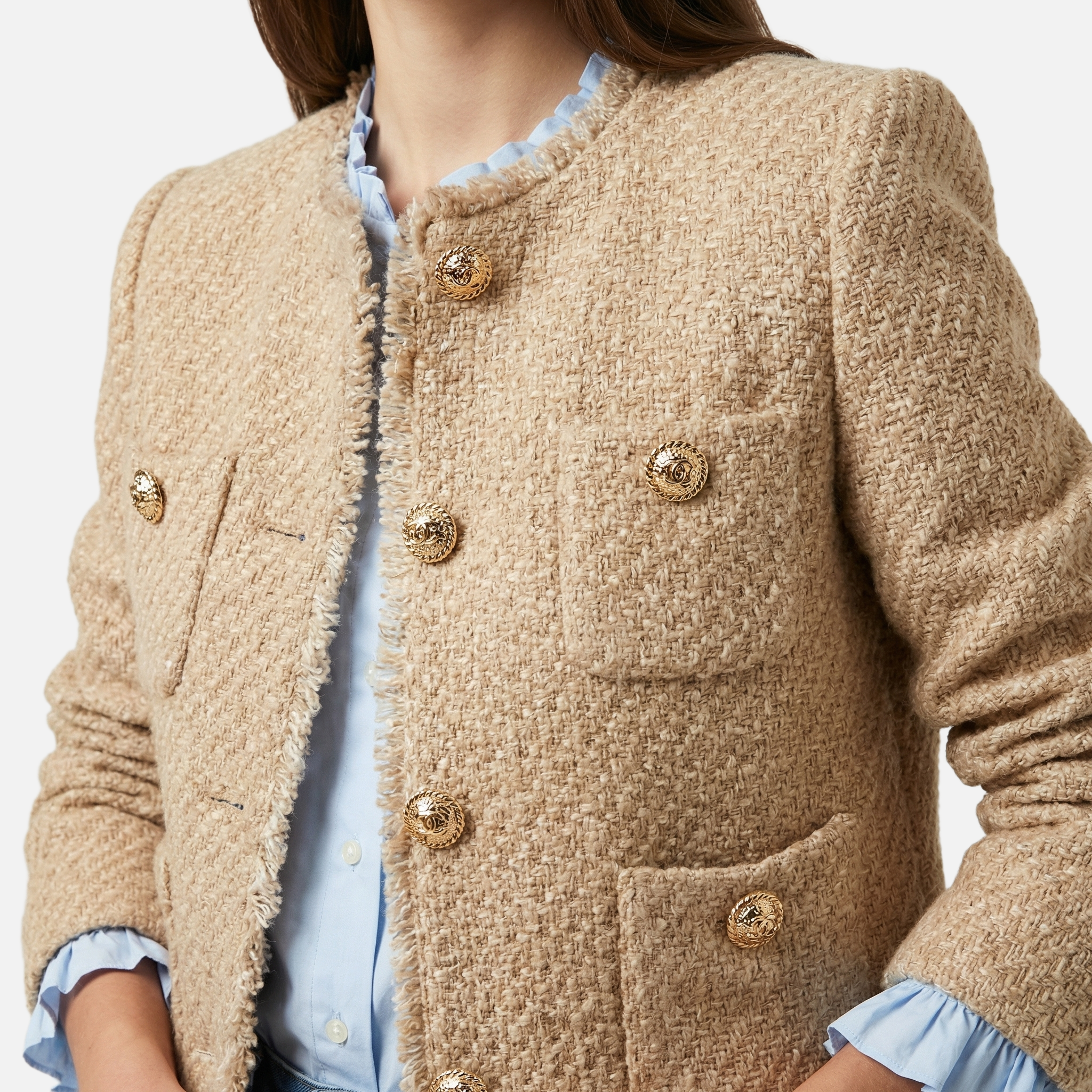 Women's Collarless Tweed Blazer with Frayed Trim