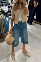 Women's Collarless Tweed Blazer with Frayed Trim