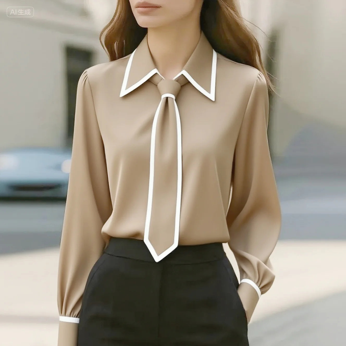 Women's Contrast-Trim Blouse with Detachable Tie