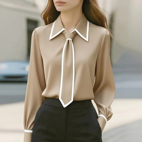 Women's Contrast-Trim Blouse with Detachable Tie