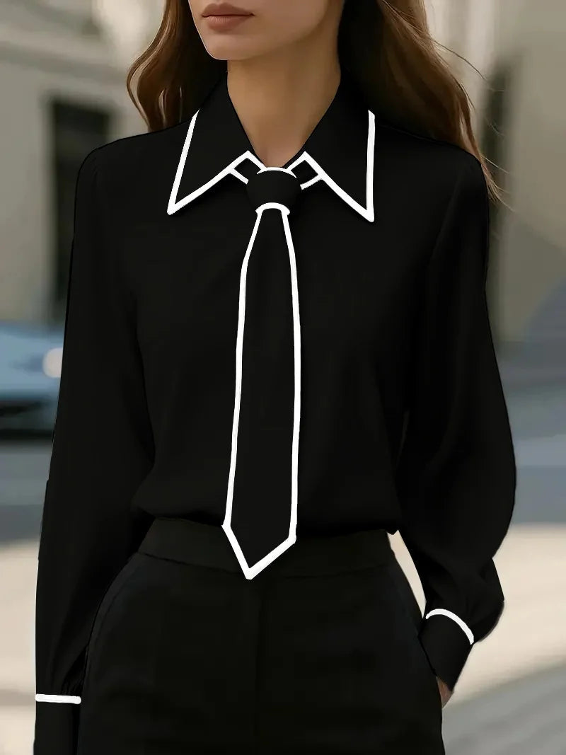 Women's Contrast-Trim Blouse with Detachable Tie