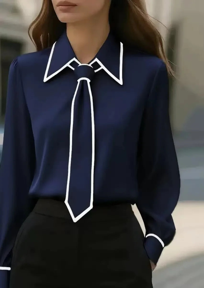 Women's Contrast-Trim Blouse with Detachable Tie