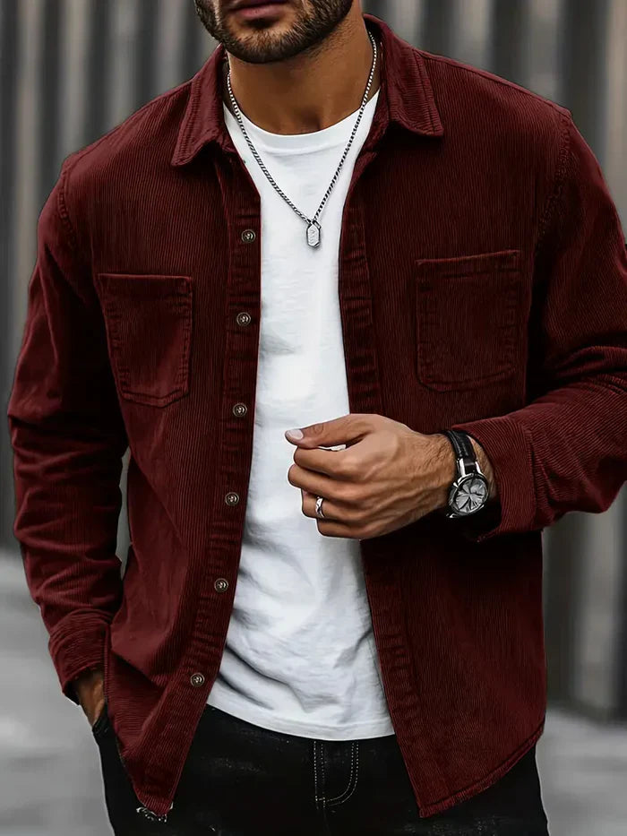 Men's Burgundy Corduroy Cotton Overshirt with Chest Pockets