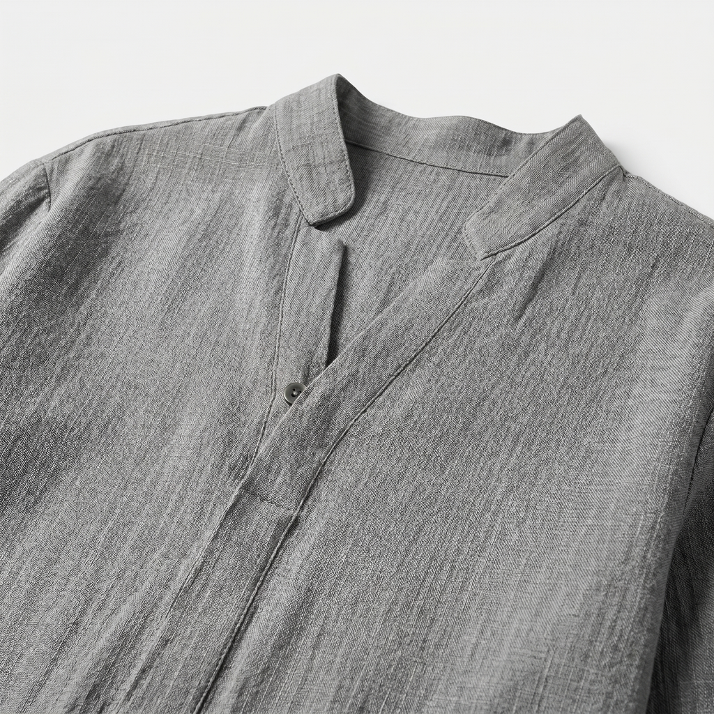 Men's Textured Cotton Two-Piece Set with Band Collar Shirt