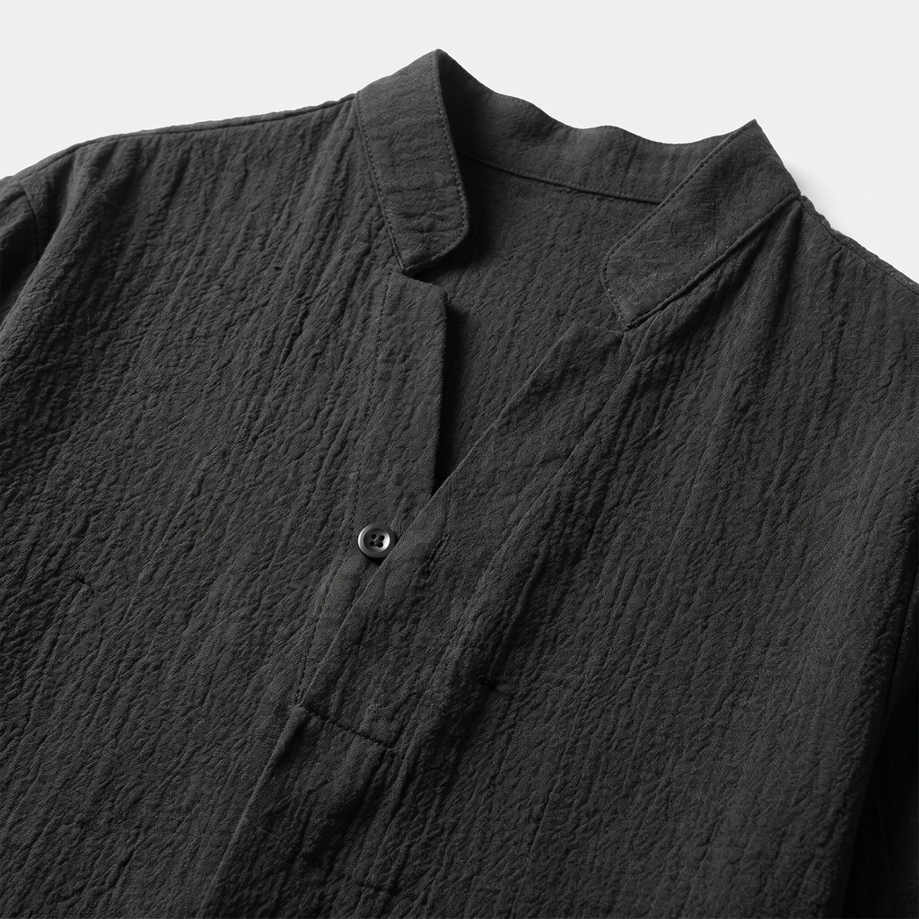 Men's Textured Cotton Two-Piece Set with Band Collar Shirt