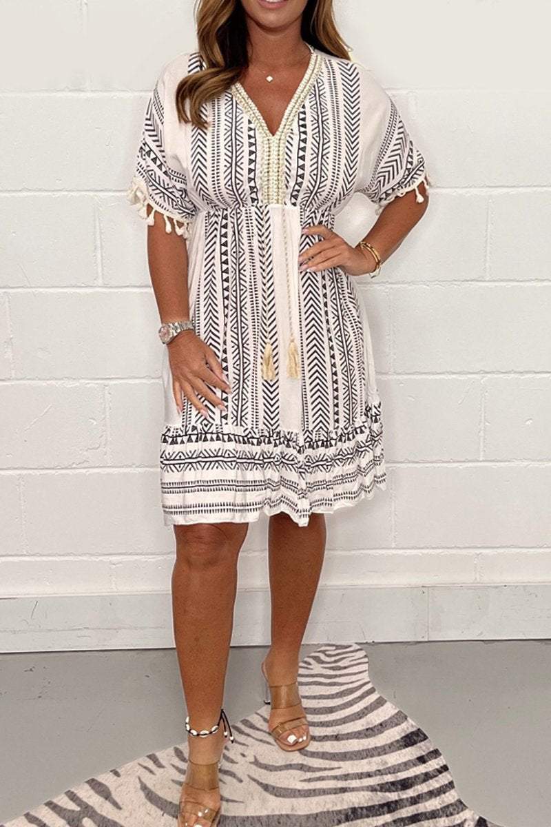 Women's Relaxed Cotton Mini Dress with Embroidered Geometric Trim