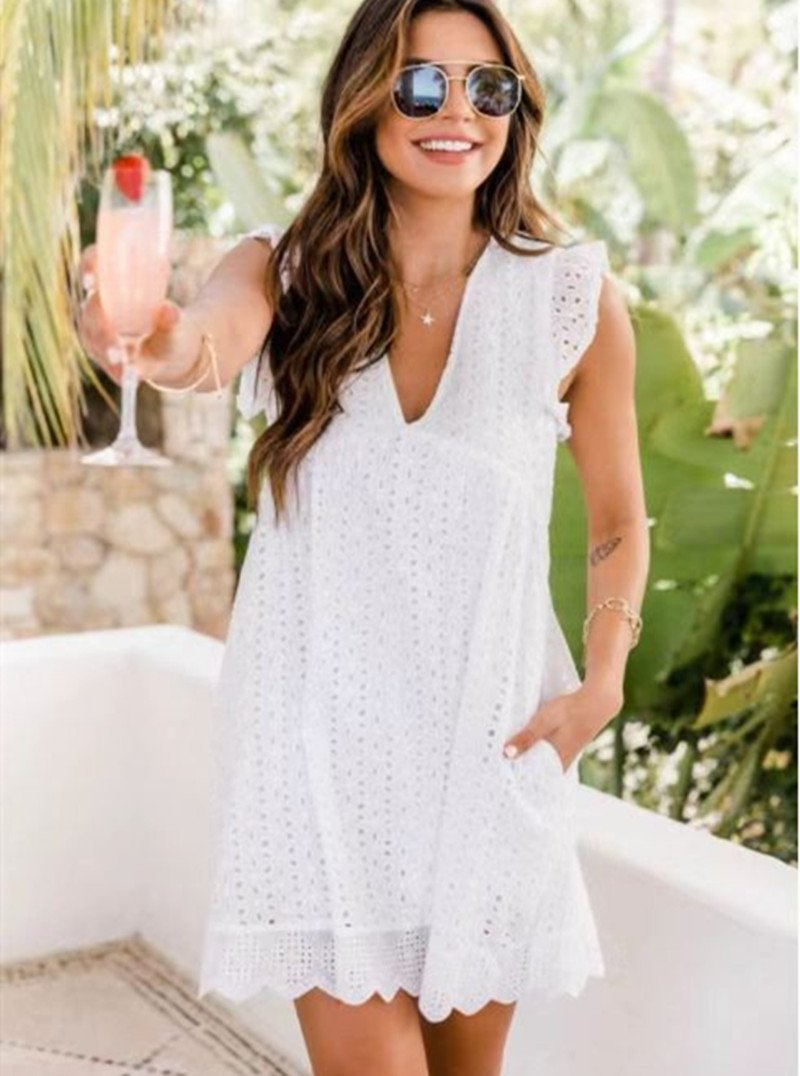 Women's Cotton Eyelet Mini Dress with Scalloped Hem