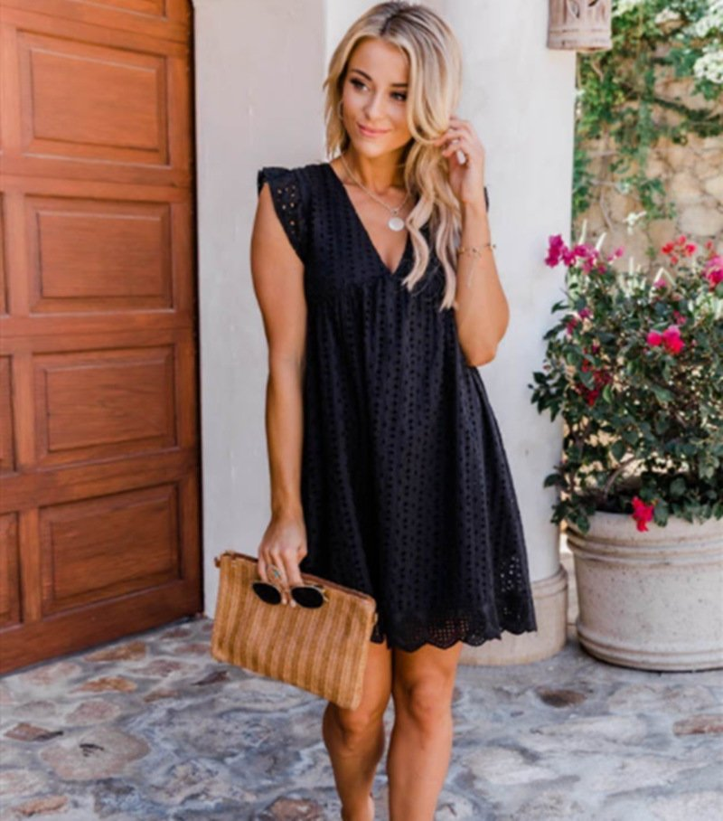 Women's Cotton Eyelet Mini Dress with Scalloped Hem