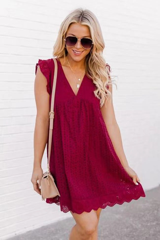 Women's Cotton Eyelet Mini Dress with Scalloped Hem
