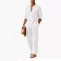 Men's Cotton-Linen Two-Piece Set with Lace-Up V-Neck