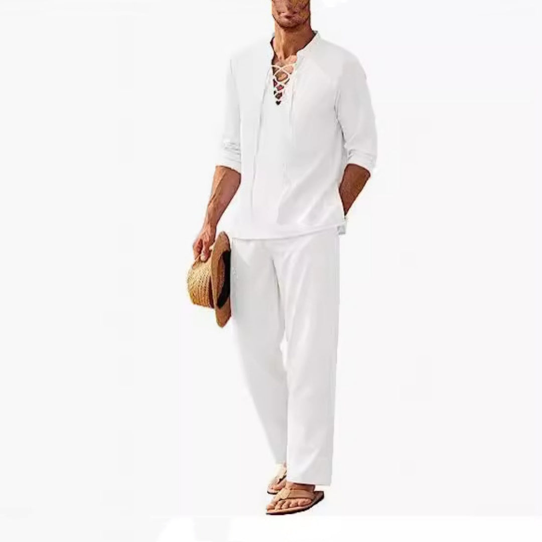 Men's Cotton-Linen Two-Piece Set with Lace-Up V-Neck