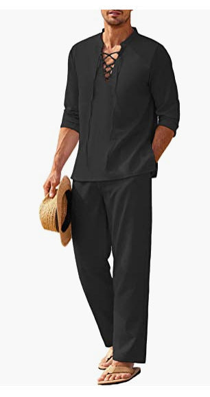Men's Cotton-Linen Two-Piece Set with Lace-Up V-Neck