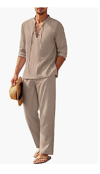 Men's Cotton-Linen Two-Piece Set with Lace-Up V-Neck