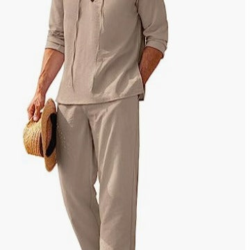 Men's Cotton-Linen Two-Piece Set with Lace-Up V-Neck