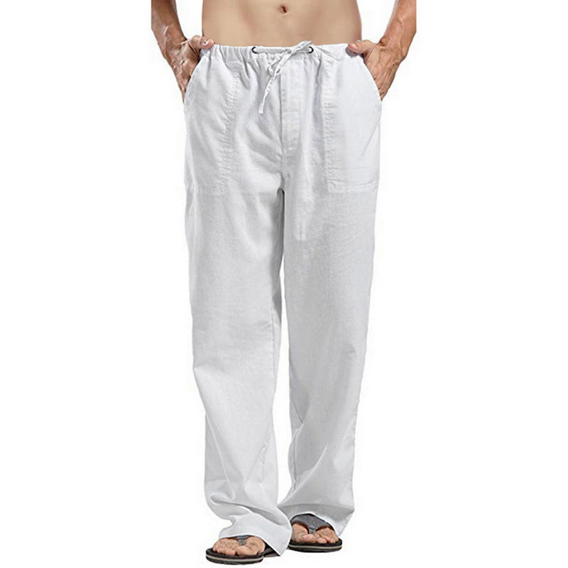 Men's Cotton-Linen Two-Piece Set with Lace-Up V-Neck