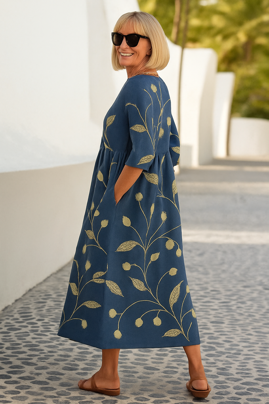 Women's Cotton Maxi Dress with Gathered Waist