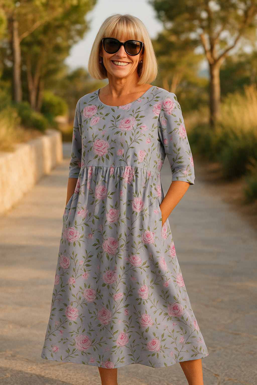 Women's Cotton Maxi Dress with Gathered Waist