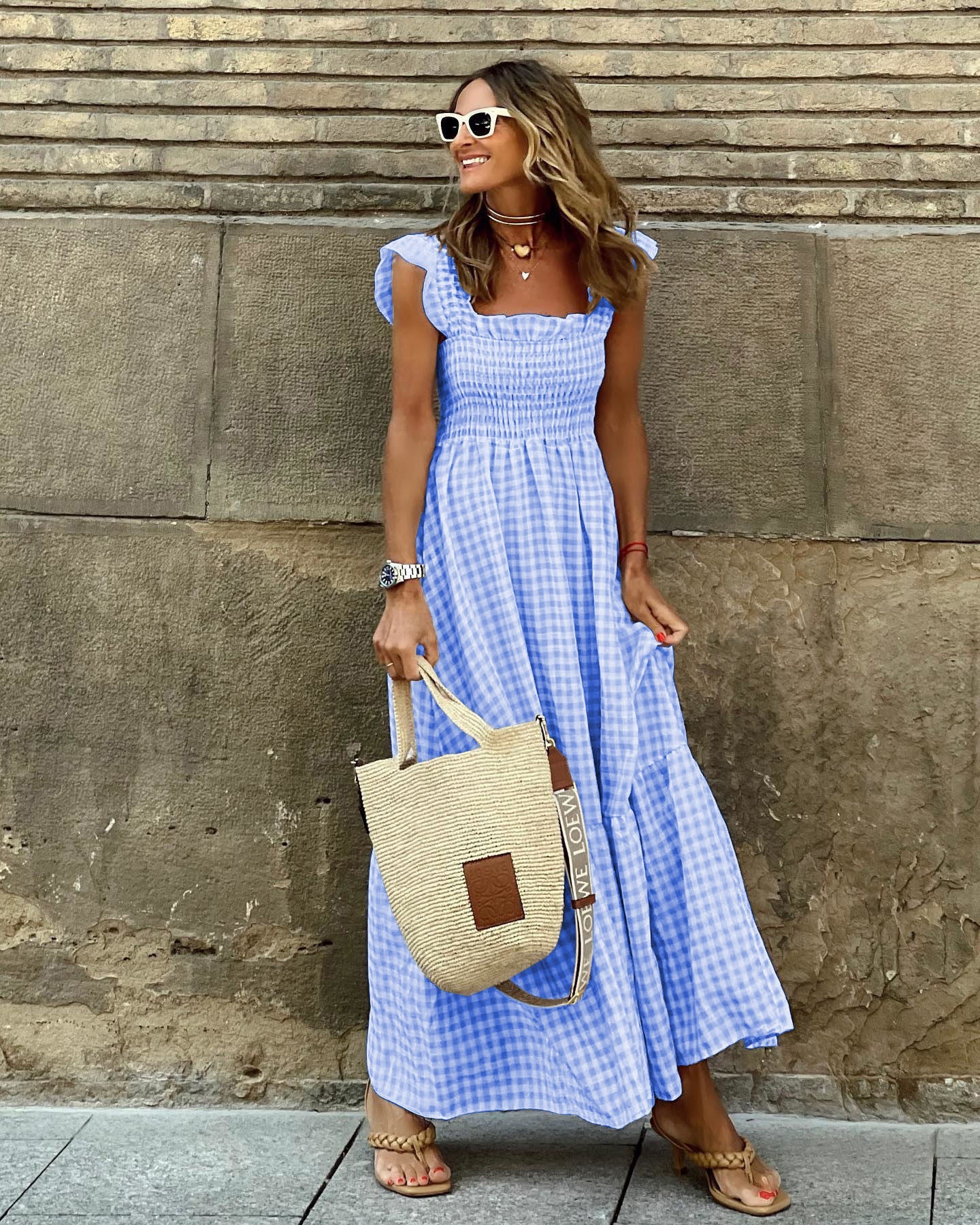 Women's Cotton Maxi Dress with Gingham Print