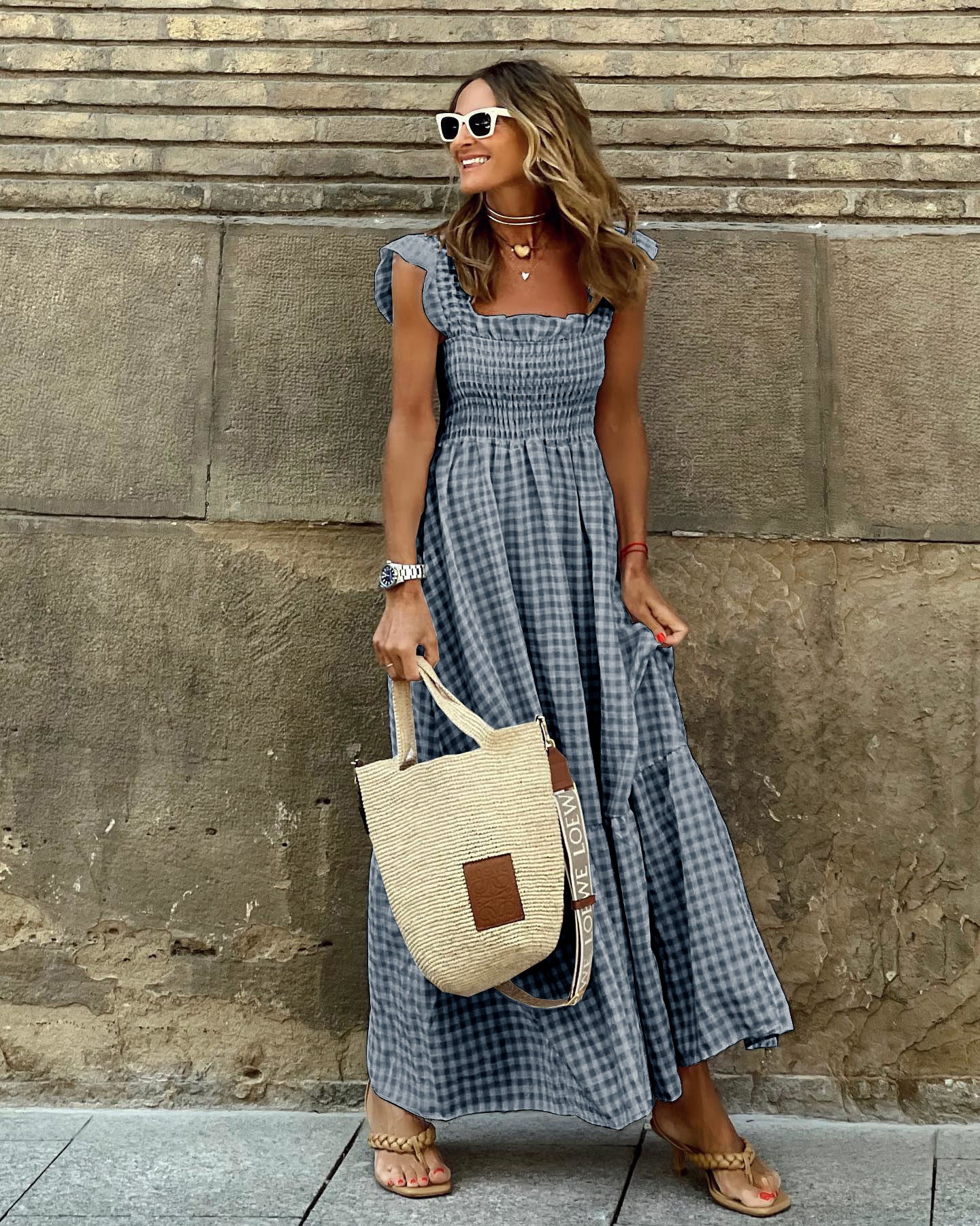Women's Cotton Maxi Dress with Gingham Print