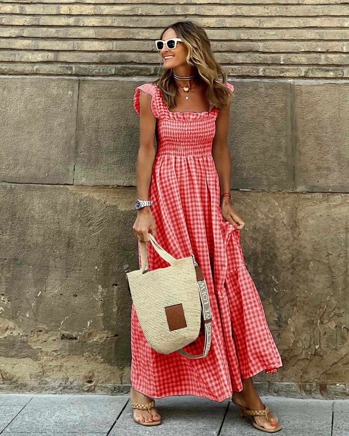 Women's Cotton Maxi Dress with Gingham Print