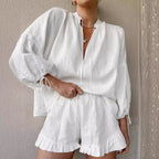 Women's Cotton Ruffle Lounge Set with V-Neck Tie Top and Shorts