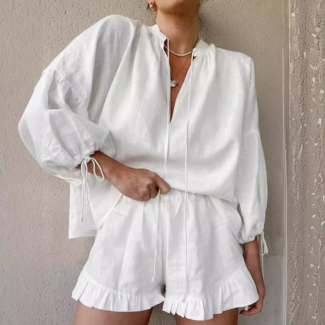 Women's Cotton Ruffle Lounge Set with V-Neck Tie Top and Shorts