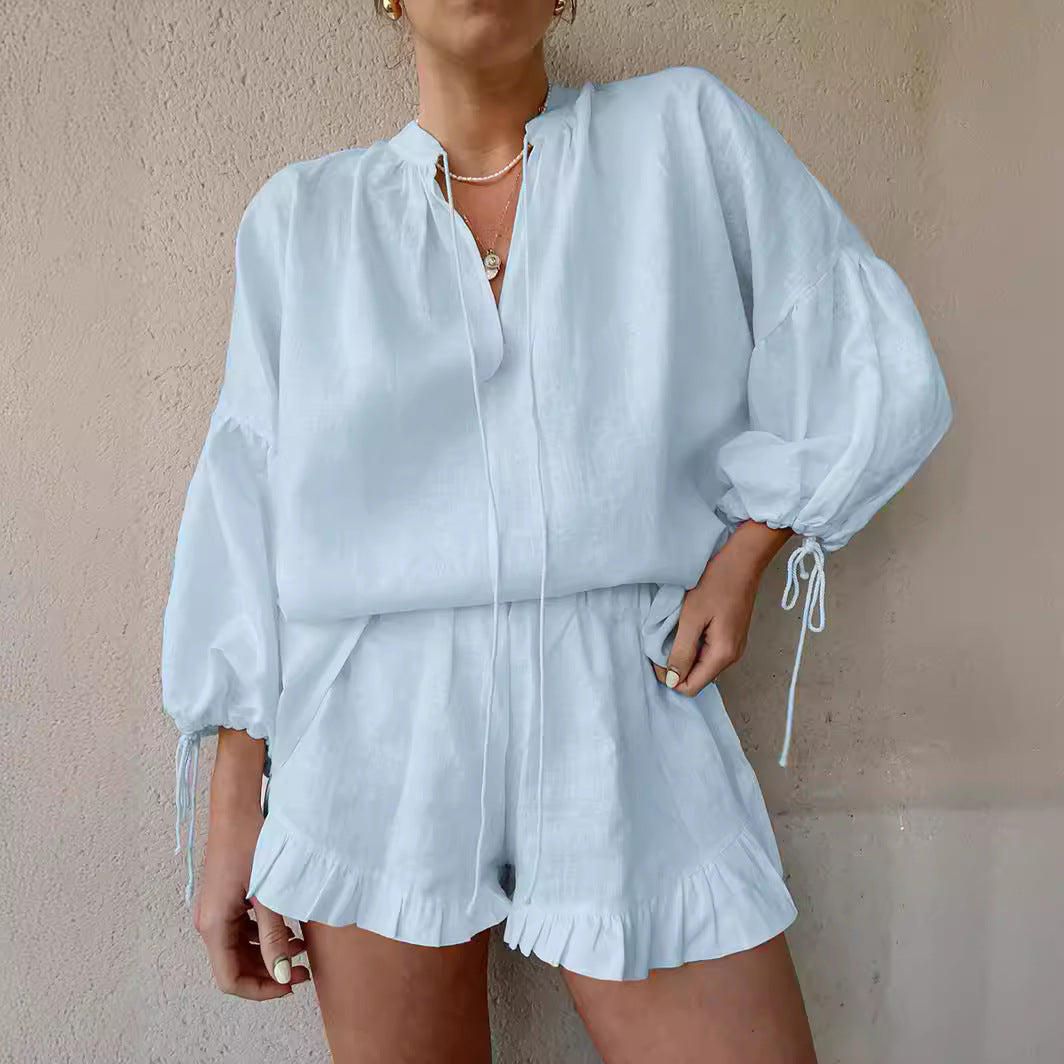Women's Cotton Ruffle Lounge Set with V-Neck Tie Top and Shorts