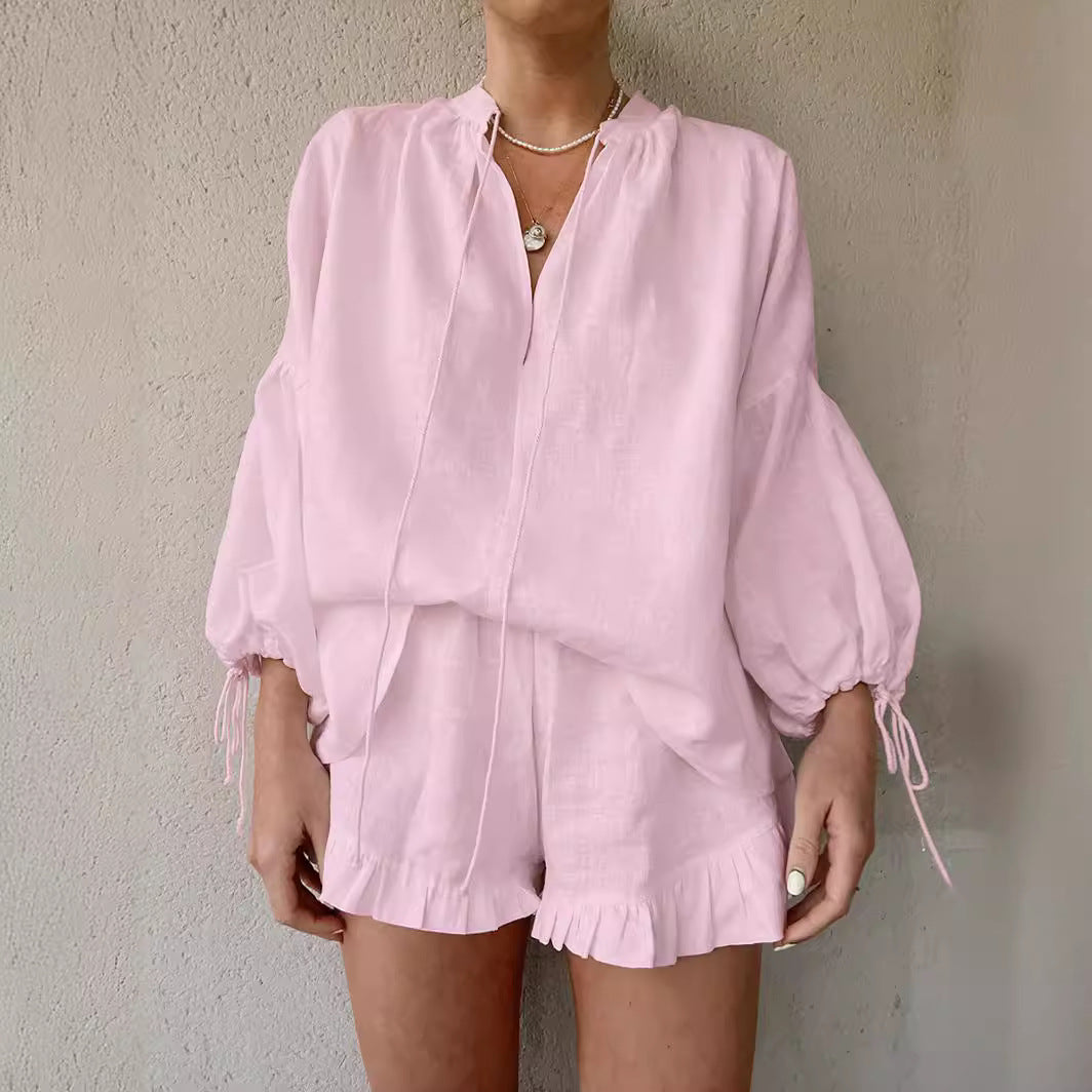 Women's Cotton Ruffle Lounge Set with V-Neck Tie Top and Shorts