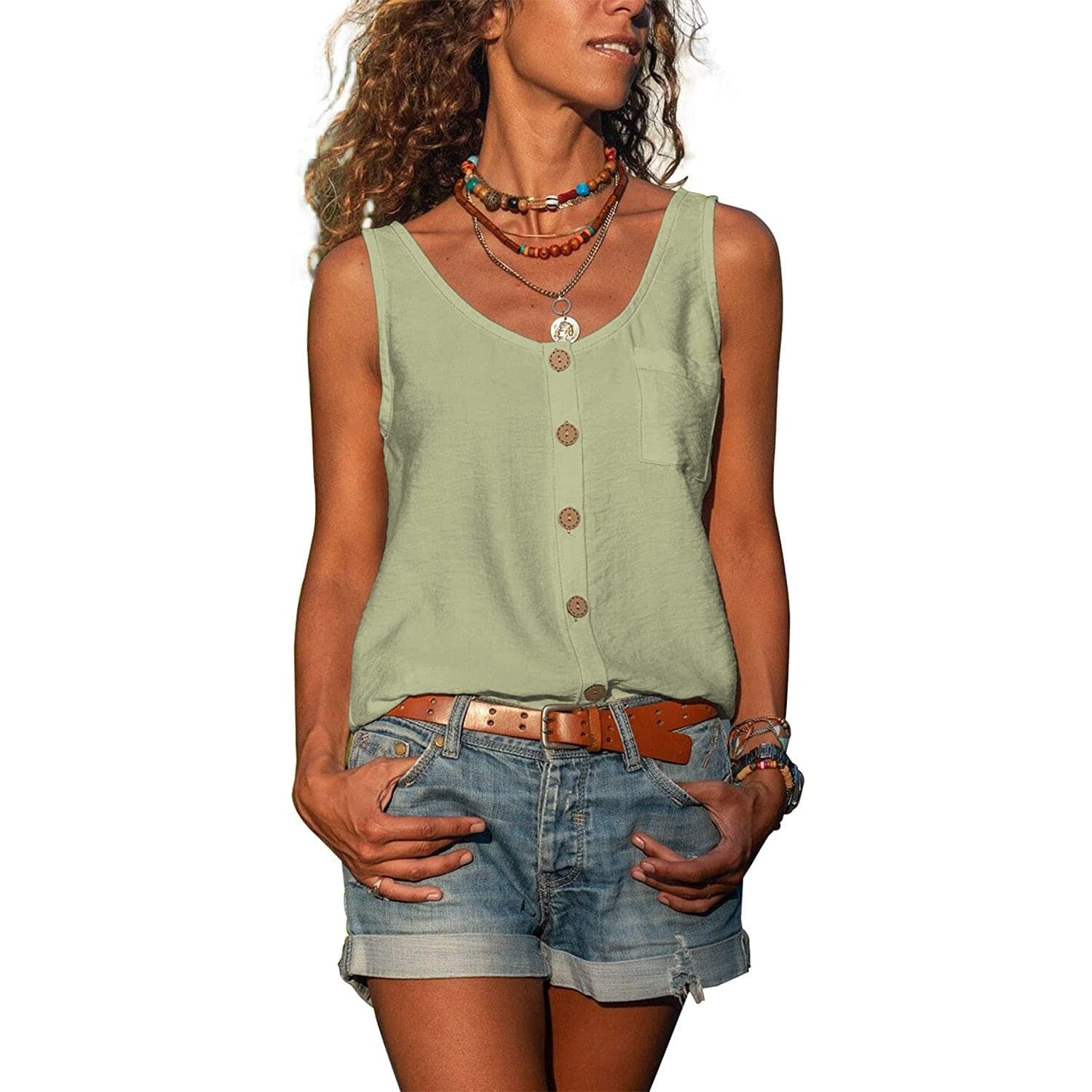Women's Relaxed Cotton Sleeveless Top with Button Front