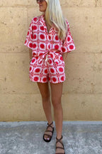 Women's Cotton Geo Print Shirt and Shorts Set with Revere Collar