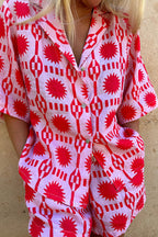 Women's Cotton Geo Print Shirt and Shorts Set with Revere Collar